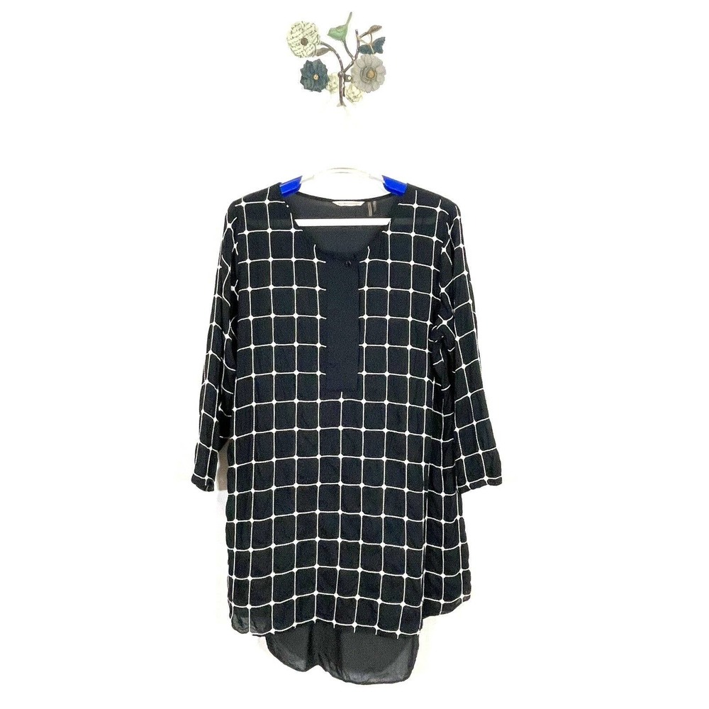 Soft Surroundings Tunic Shift Dress Black White Embroidered Window Pane Large